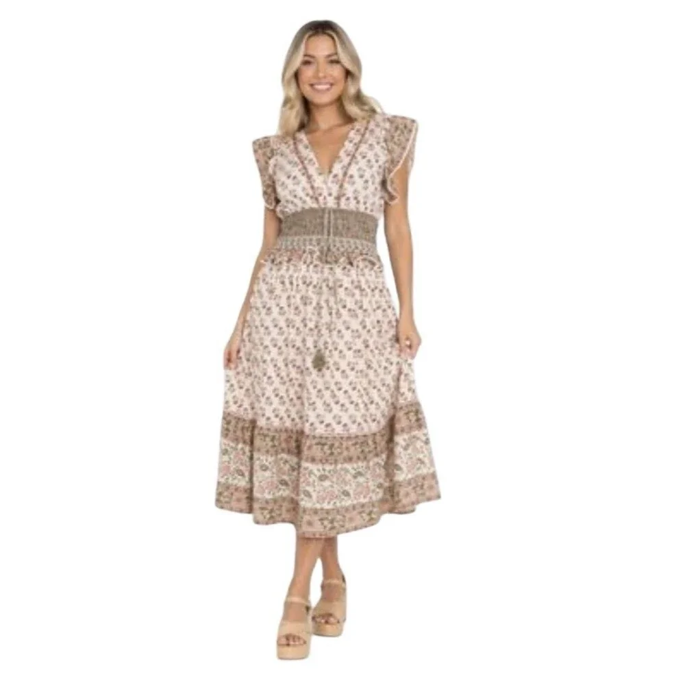 Rebellion Again Floral Smocked Tassel V Neck Tie Tiered Midi Dress Size Large - Picture 1 of 6